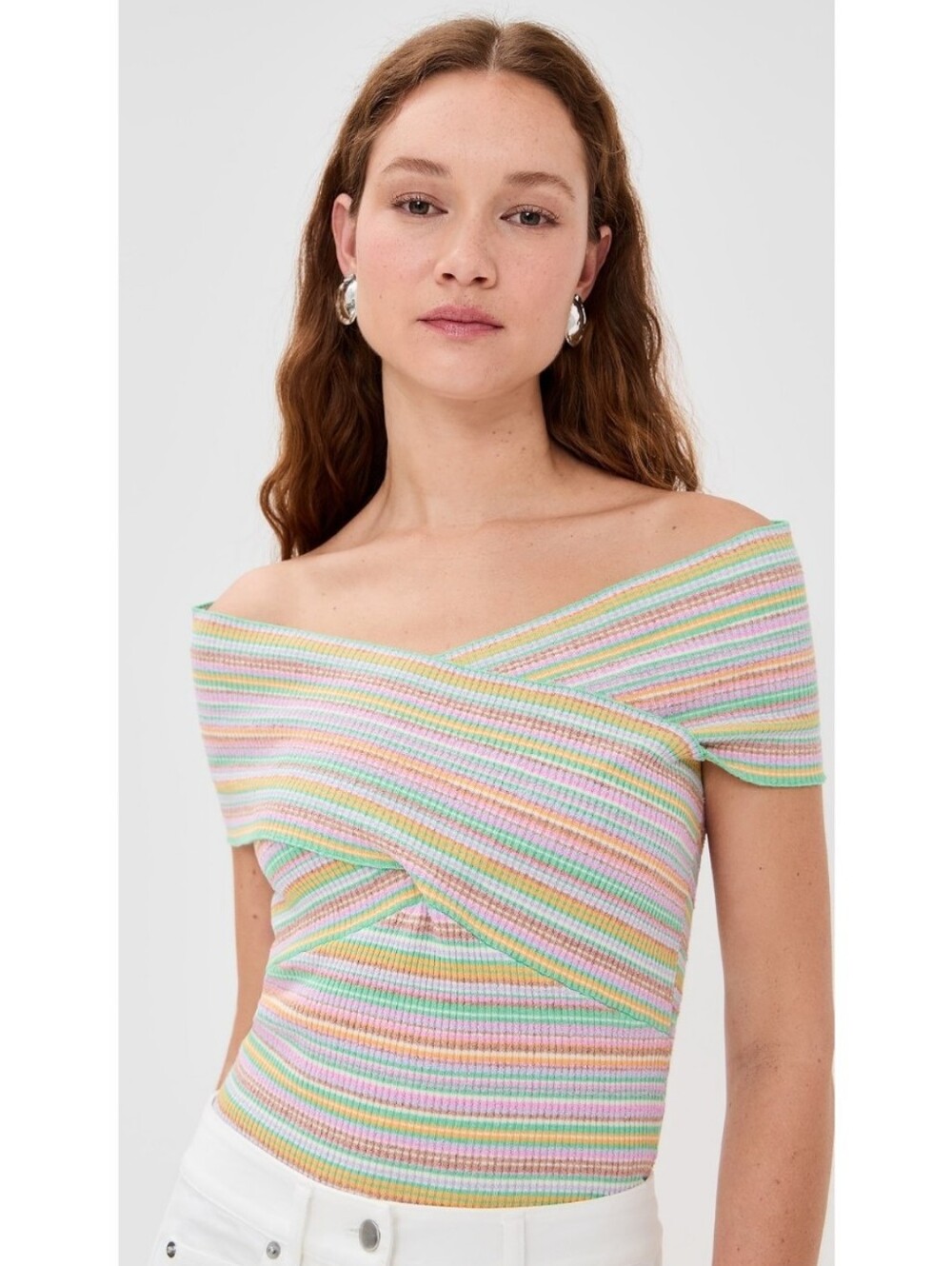 NWT JoosTricot Rainbow Stripe Criss Cross Off Shoulder Top Women's Size XS